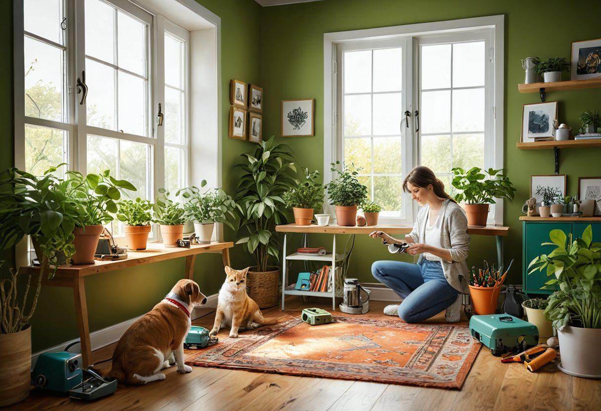 A cheerful, cozy living room scene with a friendly person easily fixing a small appliance, surrounded by colorful tools and cheerful decor. Sunlight pours through a window, illuminating the happy atmosphere. Include playful pets watching curiously and vibrant plants adding life to the space. Illustration style should evoke warmth and positivity. bright colors. 3D render.