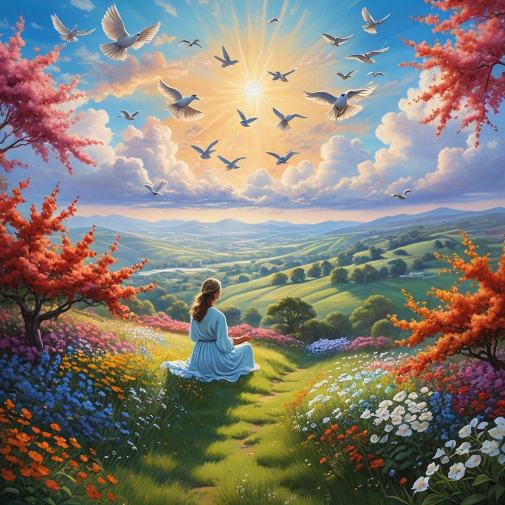 A serene landscape featuring a peaceful person meditating on a grassy hill, surrounded by vibrant flowers and a clear blue sky. Gentle sunlight filters through fluffy clouds, highlighting a sense of calm and tranquility. Include visual symbolism like floating doves and soft, swirling breezes to represent stress-free solutions and bliss. super-realistic. vibrant colors. peaceful atmosphere.