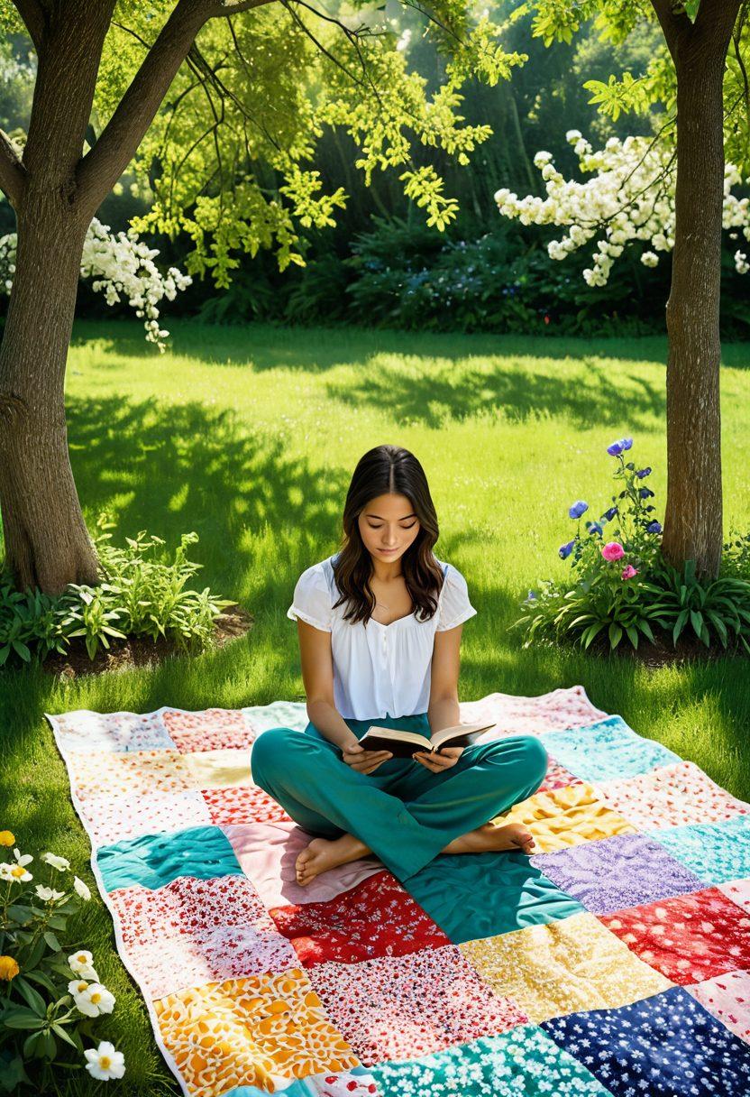 A serene landscape with a person sitting peacefully on a patchwork quilt surrounded by blooming flowers, sunlight filtering through trees, and butterflies fluttering around. Include elements like open books and a steaming cup of tea to evoke tranquility and ease. The scene should radiate warmth and happiness. super-realistic. vibrant colors. white background.